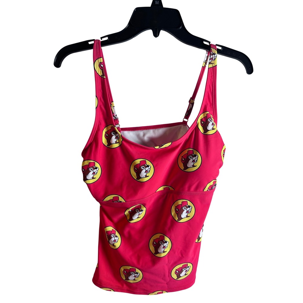 Buc-ee's Tankini Swim Top Large Red Beaver Logo Print Adjustable Straps Women